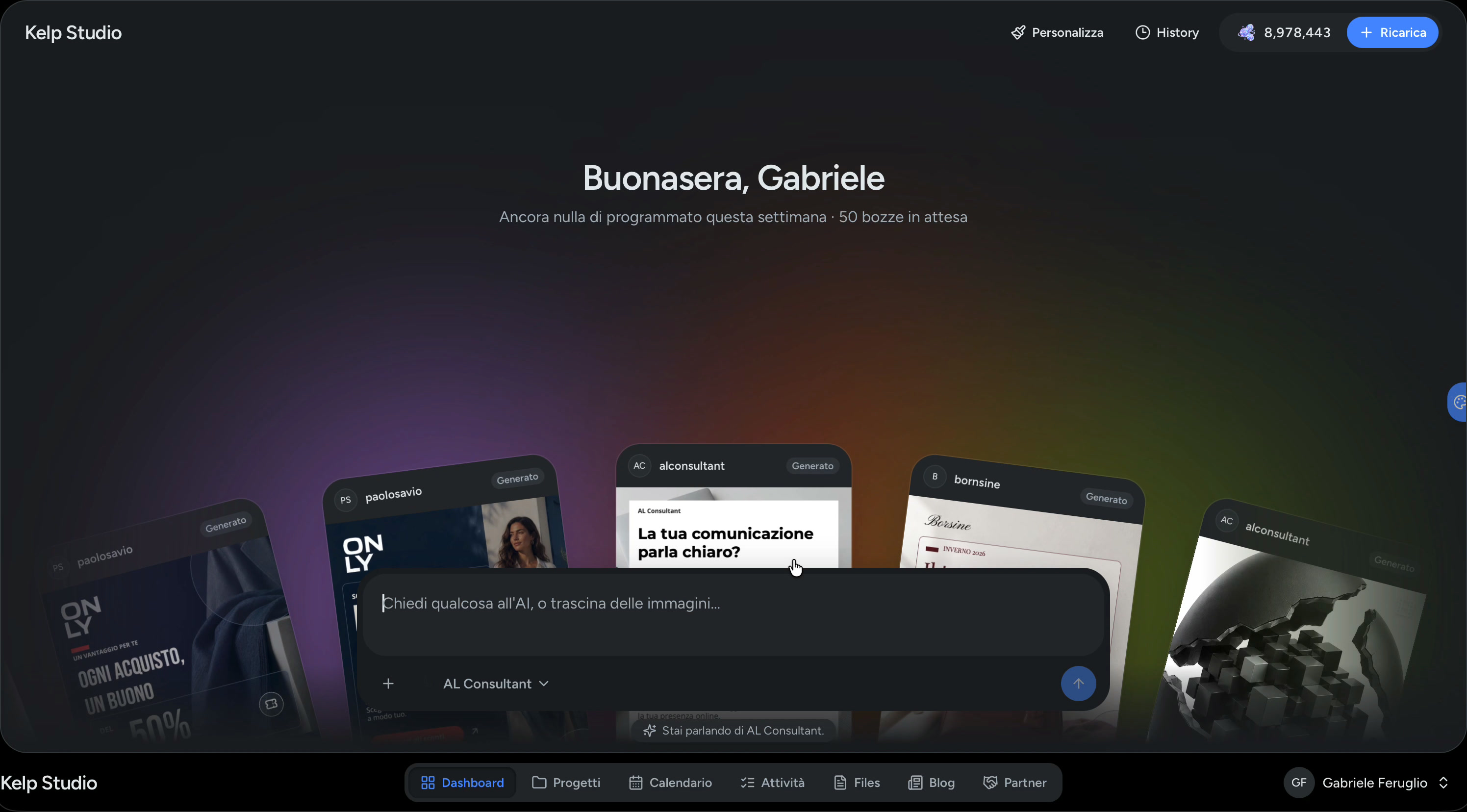 Dashboard di Kelp Studio con progetti, contenuti generati e assistente AI